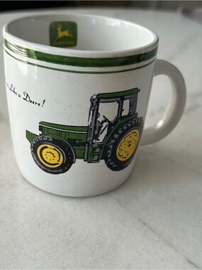 John Deere White Ceramic Mug with Green Tractor and Yellow Wheels